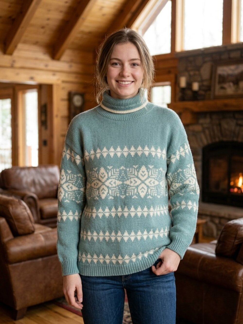 Vtg 90s STEFANEL Made in Italy Wool Turtleneck Sweater Small Fair Isle Nordic